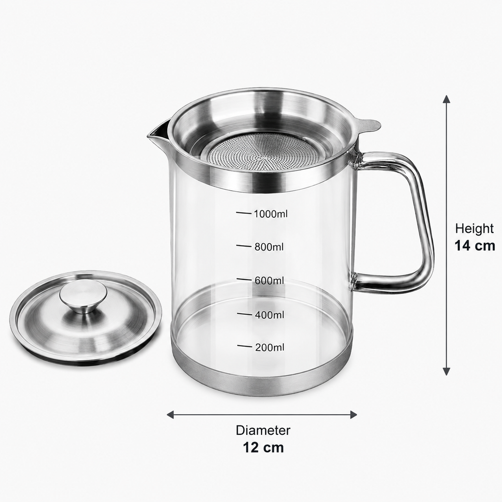 1.2L Glass Oil Filter Jar with Removable Mesh Strainer