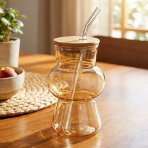 Hourglass Shaped Tinted Glass Tumbler with Straw