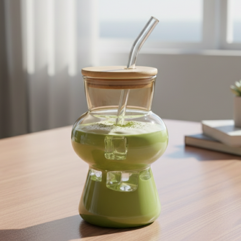 Hourglass Shaped Tinted Glass Tumbler with Straw