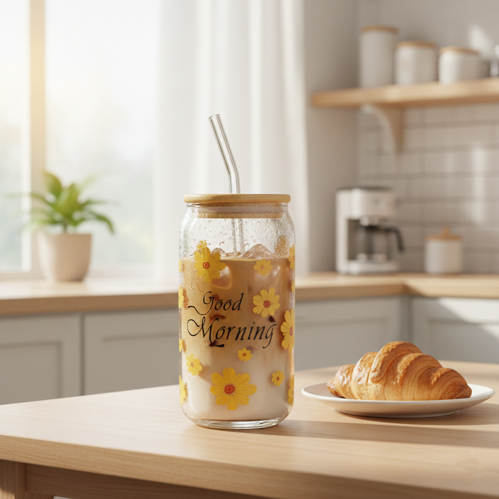 SunDaisy Printed Glass Tumbler with Straw
