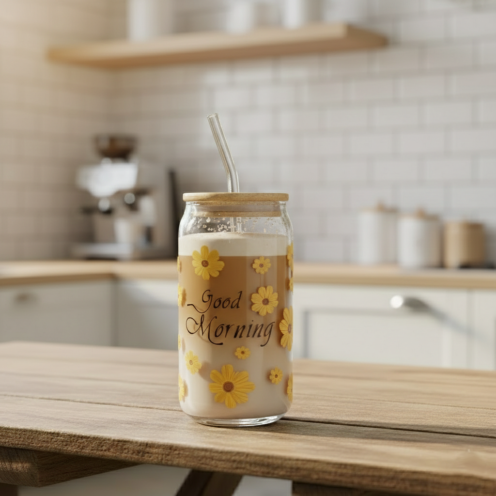 SunDaisy Printed Glass Tumbler with Straw