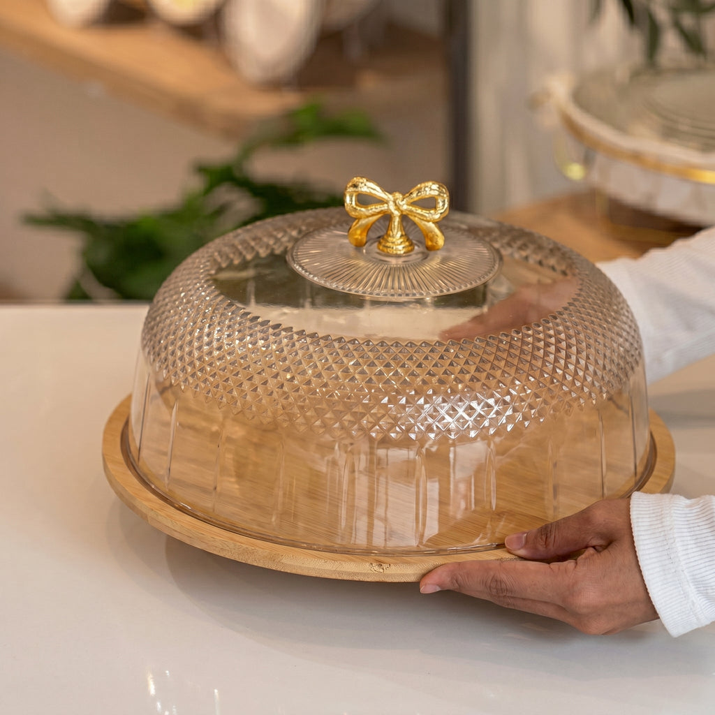 CrystalDome Dessert Server with Bamboo Tray