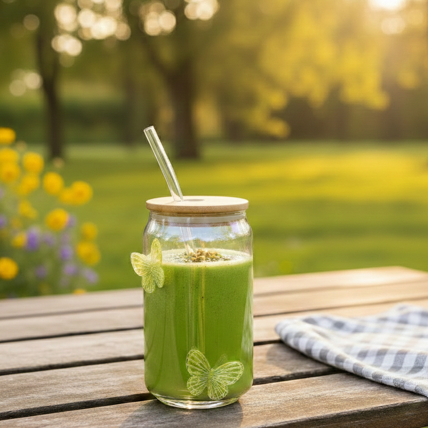 LumiButterfly Glass Tumbler with Straw