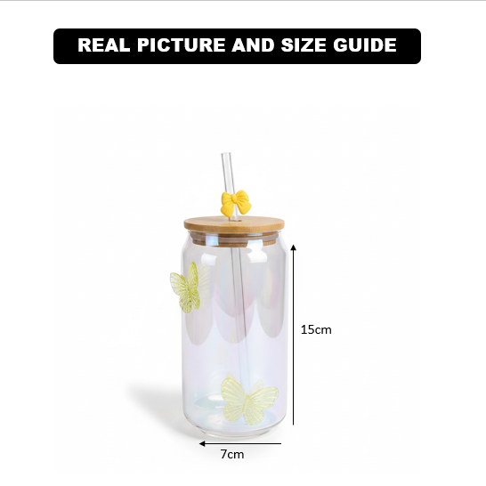LumiButterfly Glass Tumbler with Straw