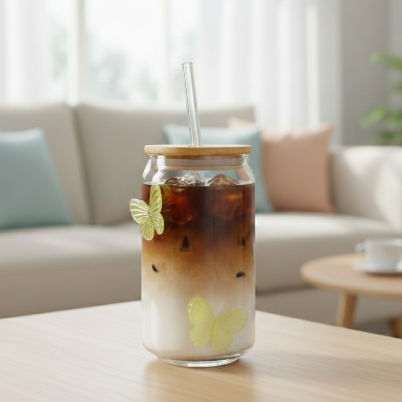 LumiButterfly Glass Tumbler with Straw