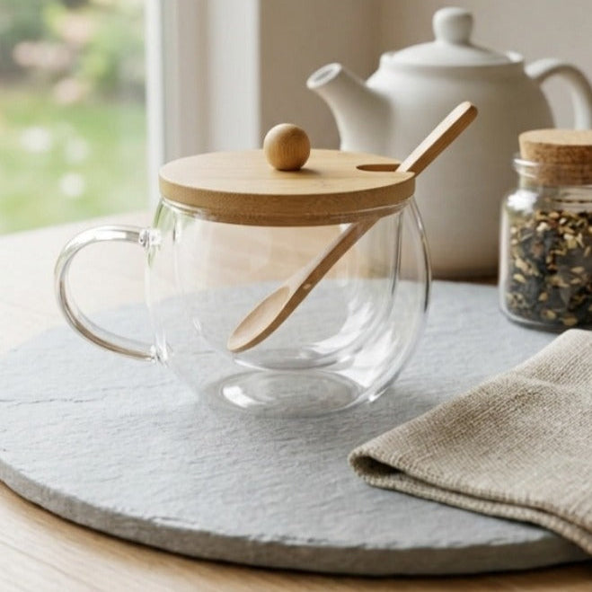 Double-Walled Glass Mug with Bamboo Lid & Spoon