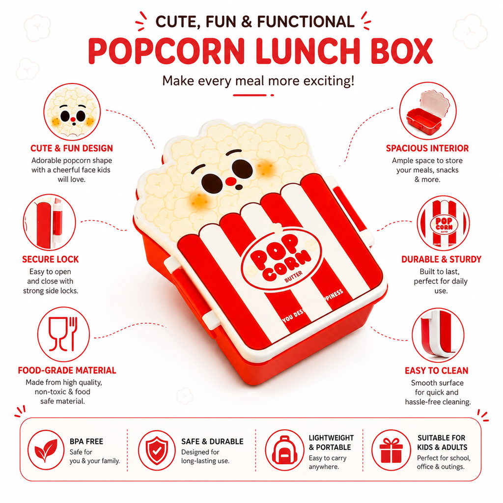 2-Compartment Popcorn-Shaped Kids Lunch Box with Spoon