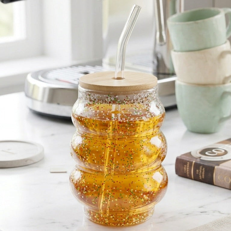 GlitterGlow Curvy Glass Tumbler with Bamboo Lid & Glass Straw