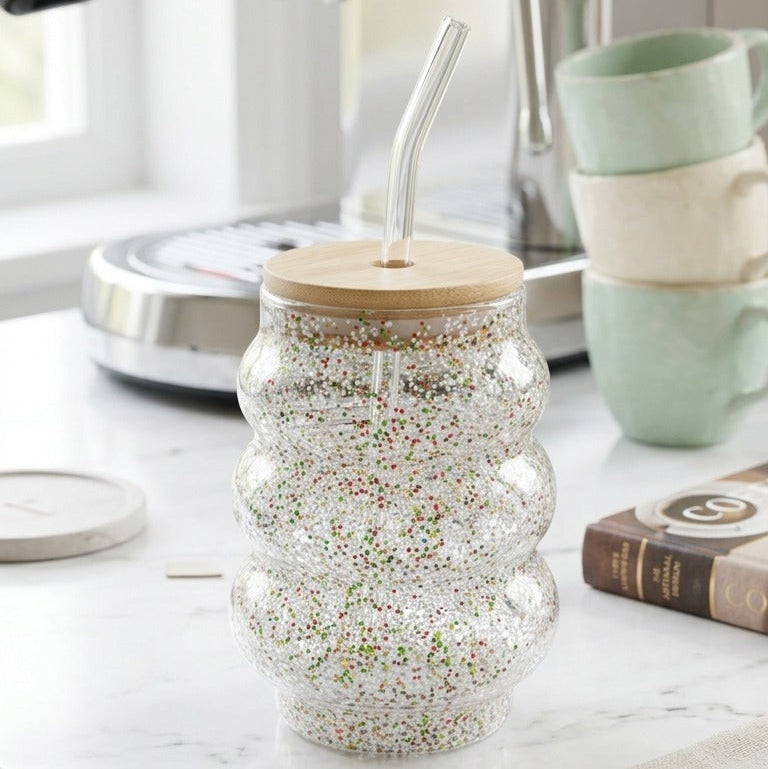 GlitterGlow Curvy Glass Tumbler with Bamboo Lid & Glass Straw