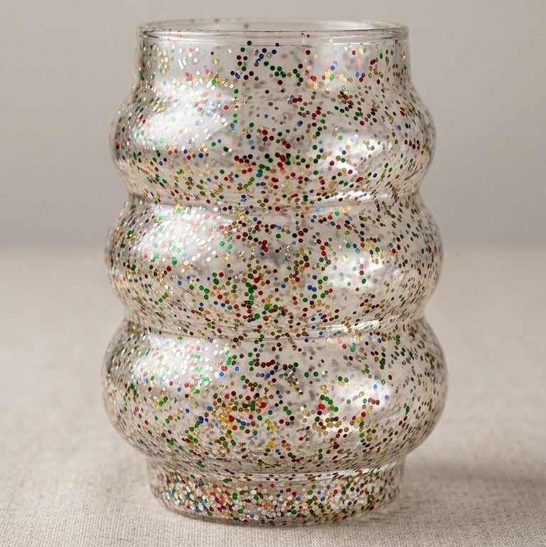 GlitterGlow Curvy Glass Tumbler with Bamboo Lid & Glass Straw