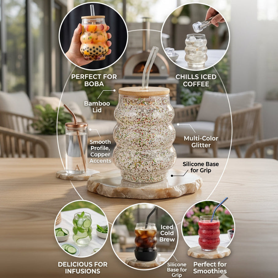 GlitterGlow Curvy Glass Tumbler with Bamboo Lid & Glass Straw