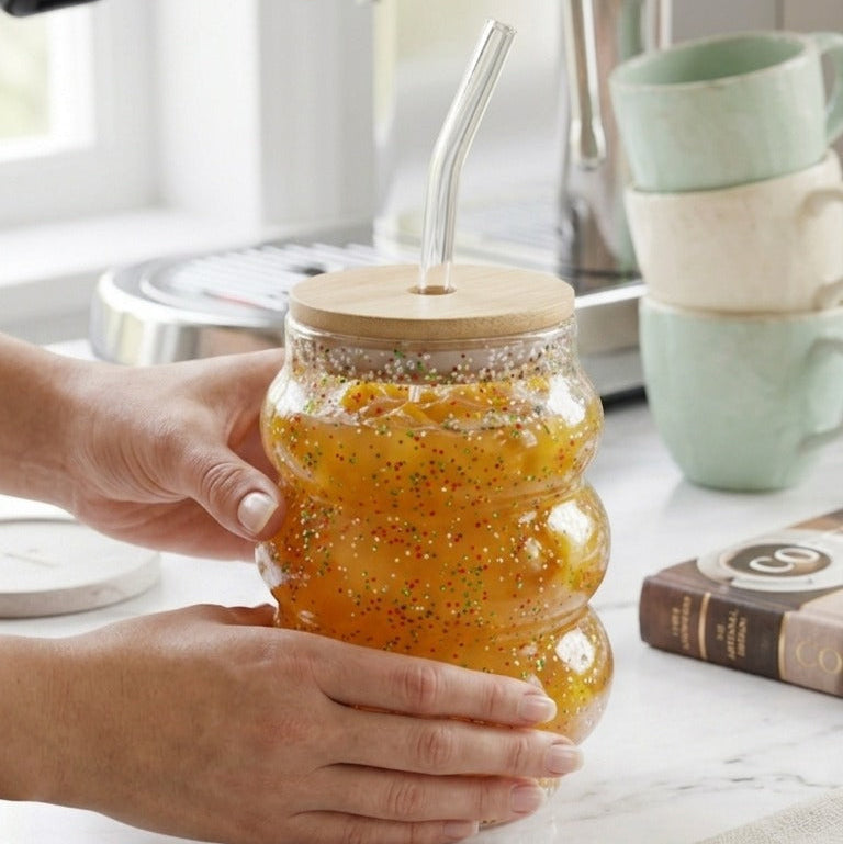 GlitterGlow Curvy Glass Tumbler with Bamboo Lid & Glass Straw