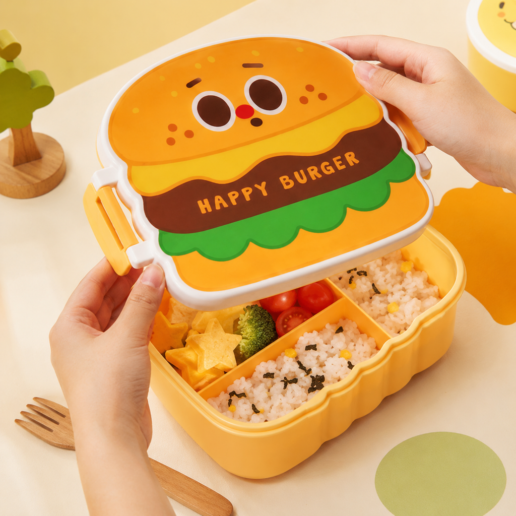 3-Compartment Burger-Shaped Kids Lunch Box with Spoon