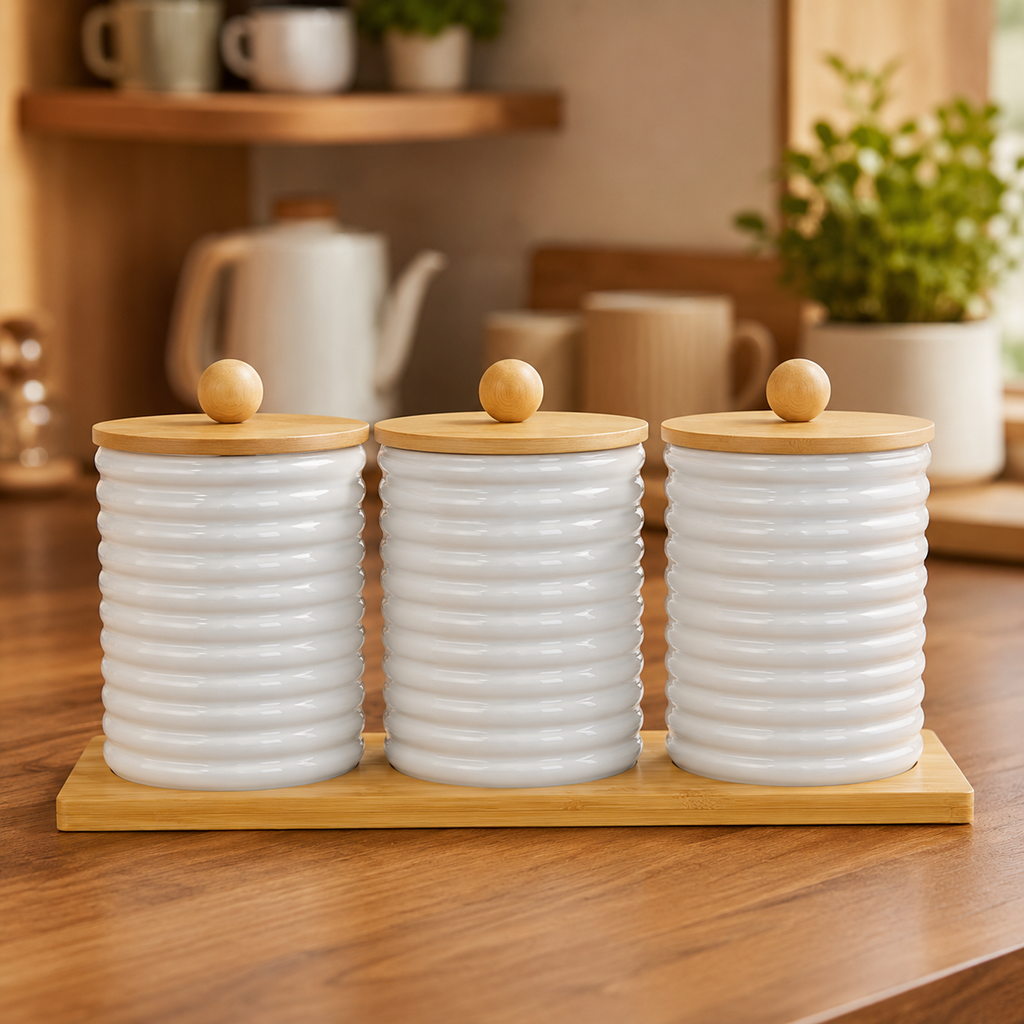 3-Jar Glass Kitchen Storage Set with Bamboo Lids & Tray