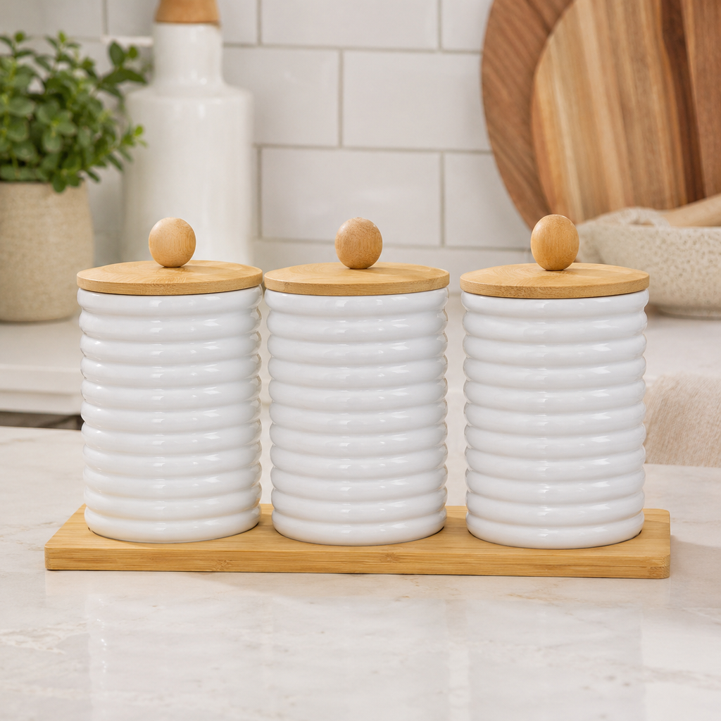 3-Jar Glass Kitchen Storage Set with Bamboo Lids & Tray