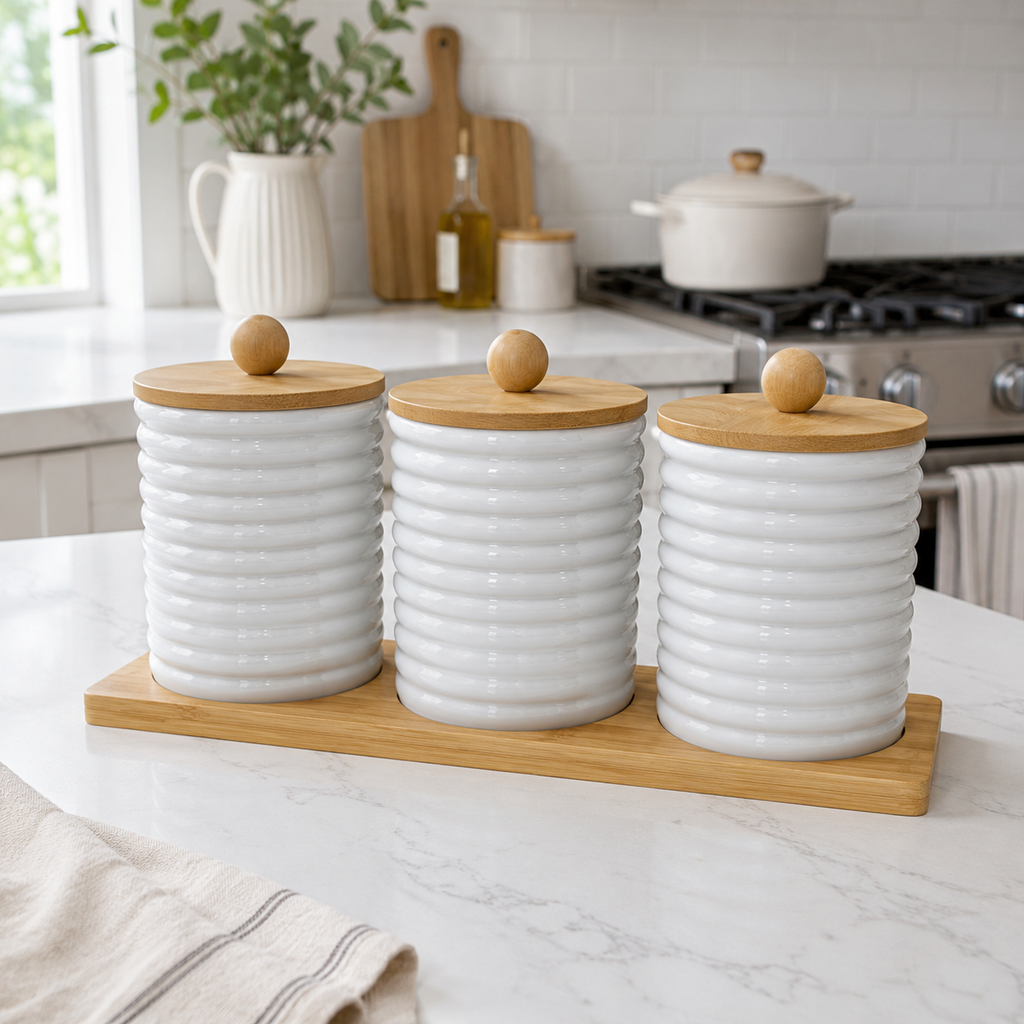 3-Jar Glass Kitchen Storage Set with Bamboo Lids & Tray