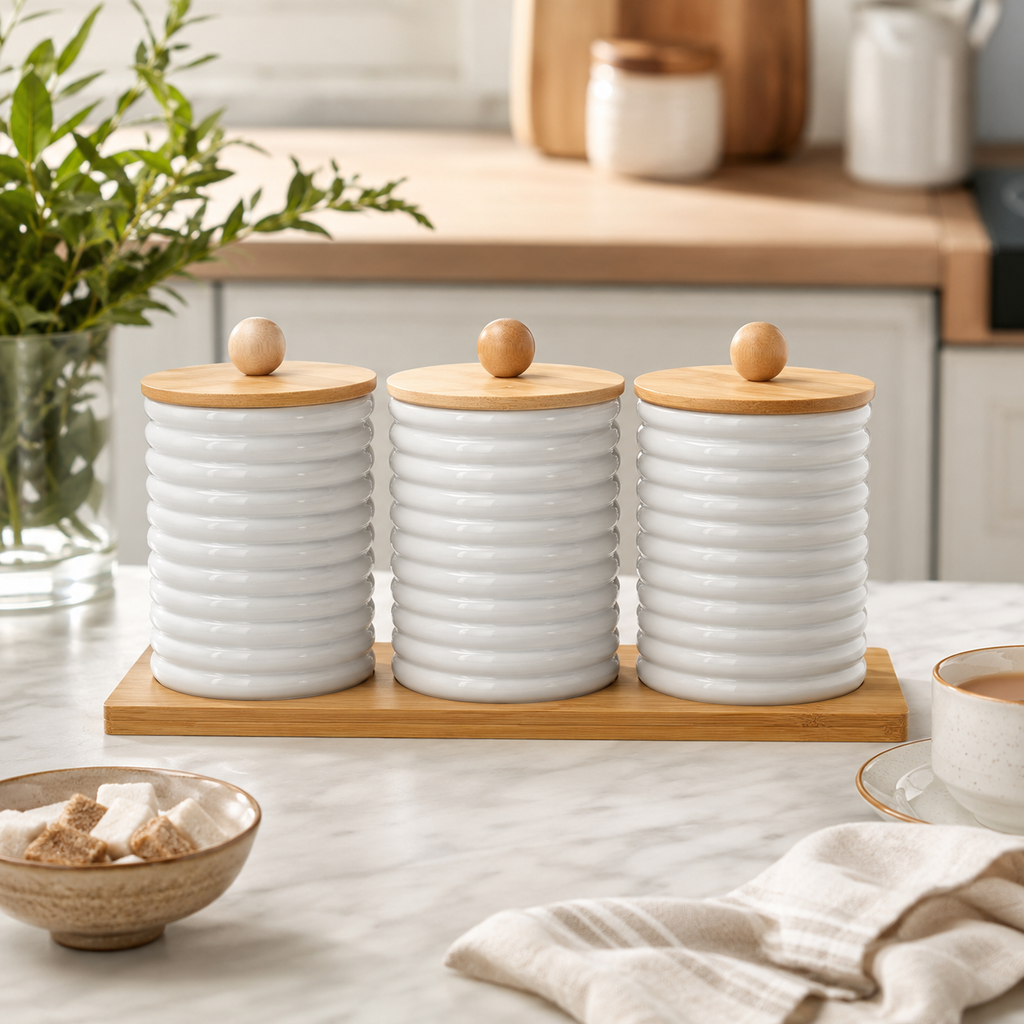 3-Jar Glass Kitchen Storage Set with Bamboo Lids & Tray
