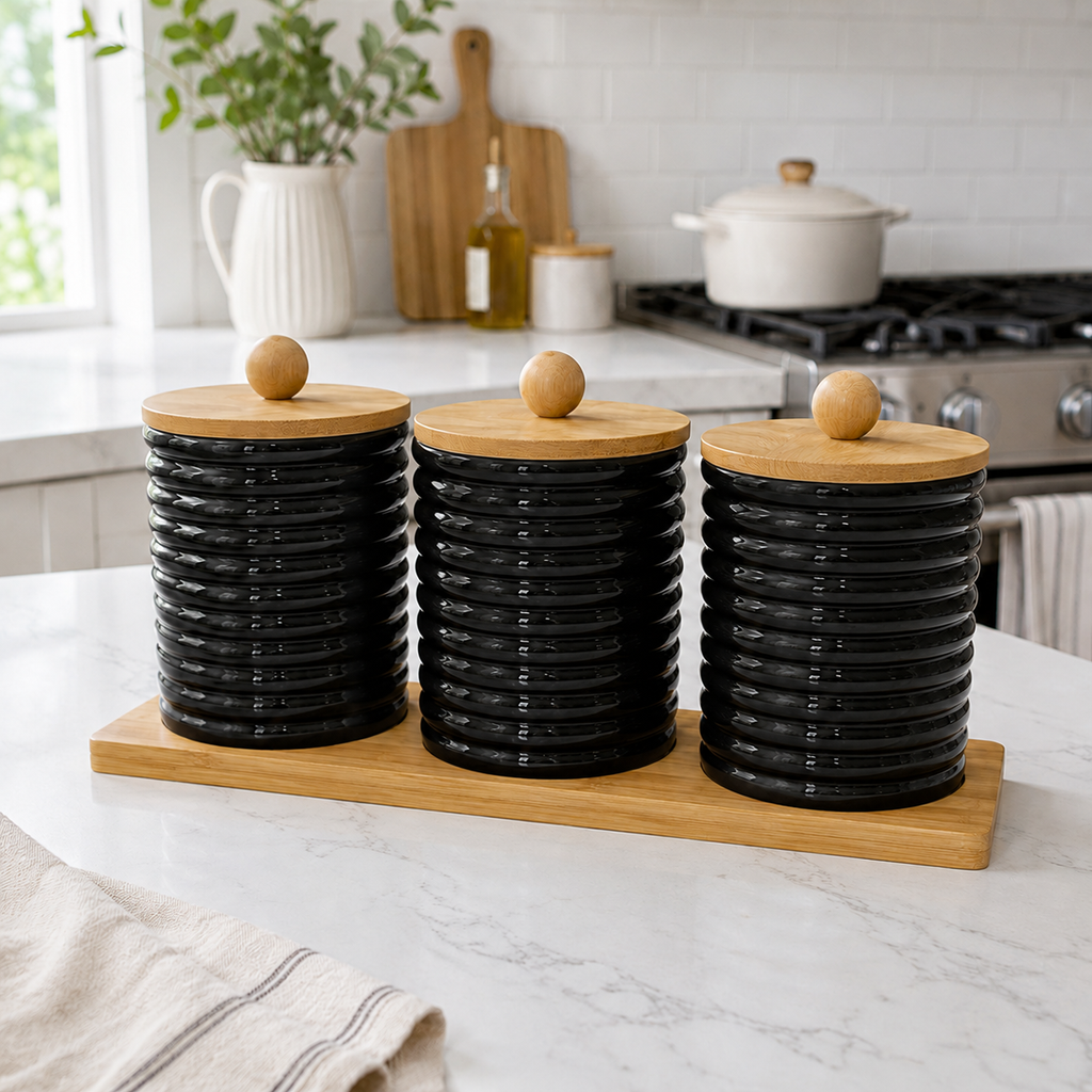 3-Jar Glass Kitchen Storage Set with Bamboo Lids & Tray