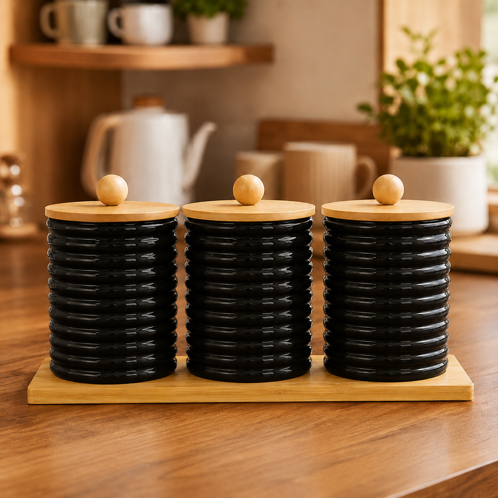 3-Jar Glass Kitchen Storage Set with Bamboo Lids & Tray