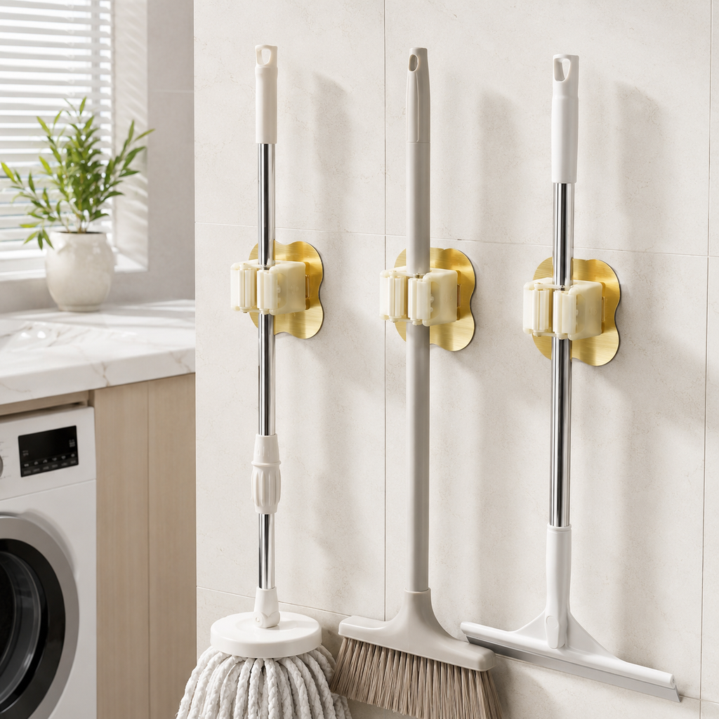 3-Piece Adhesive Roller-Grip Mop & Broom Holder Set