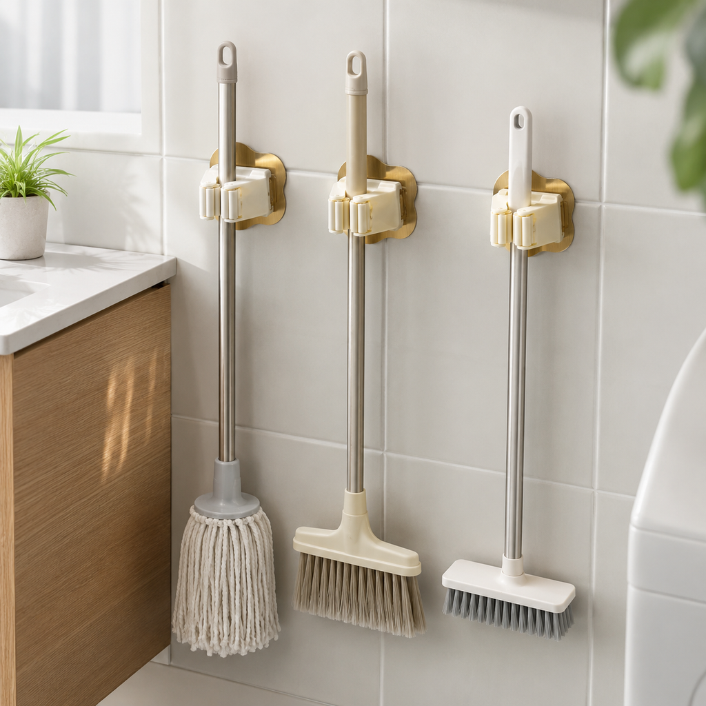 3-Piece Adhesive Roller-Grip Mop & Broom Holder Set