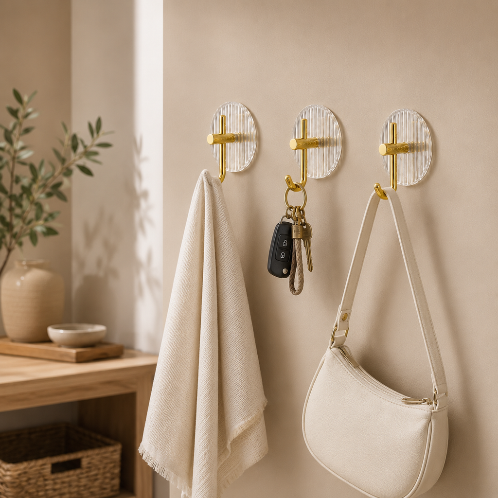 3-Piece Clear Adhesive Wall Hook Set with Gold-Tone Detail