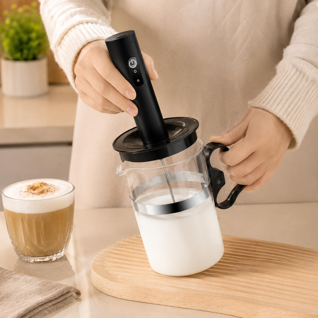 3-Speed USB-C Rechargeable Milk Frother Set with Glass Cup