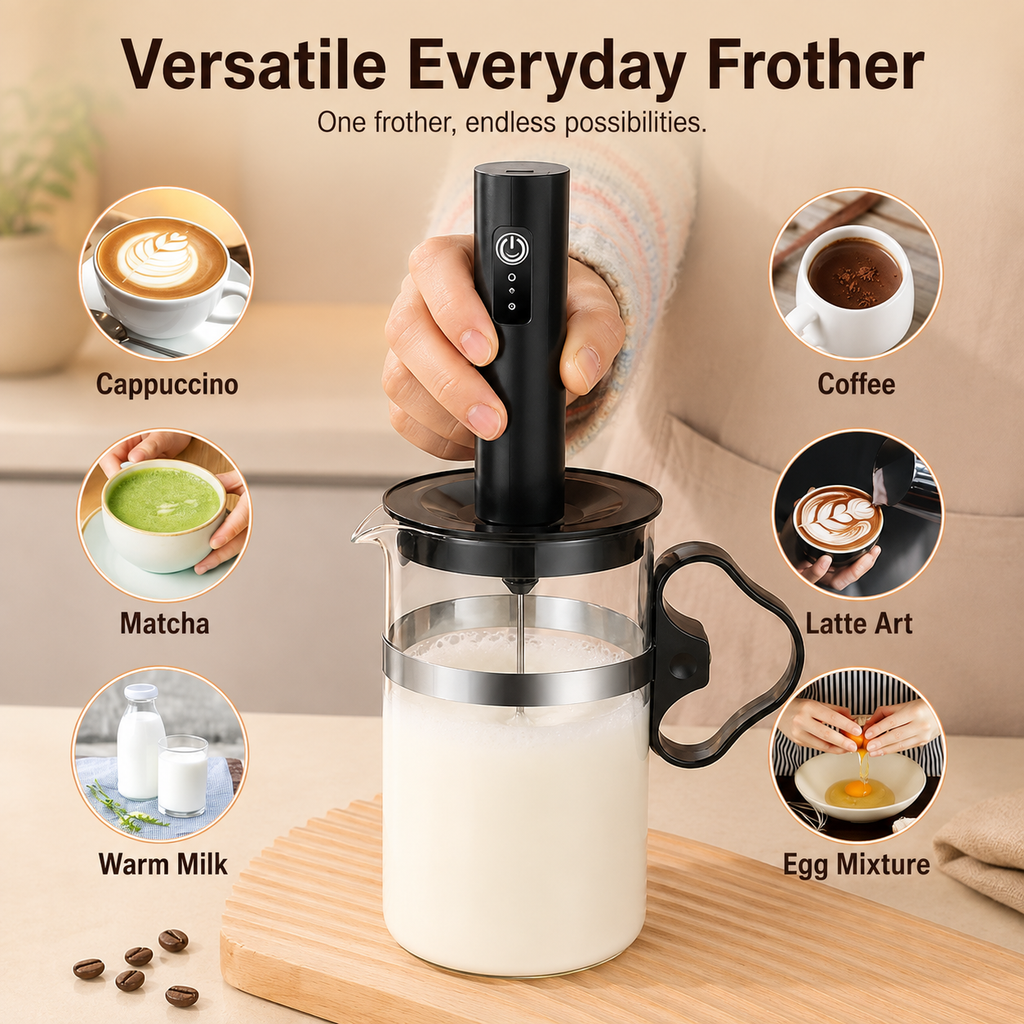 3-Speed USB-C Rechargeable Milk Frother Set with Glass Cup