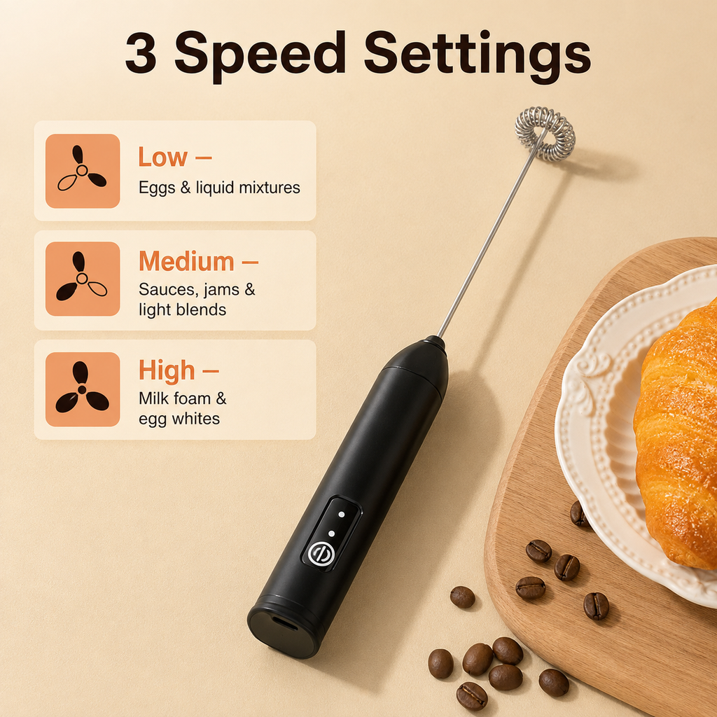 3-Speed USB-C Rechargeable Milk Frother Set with Glass Cup