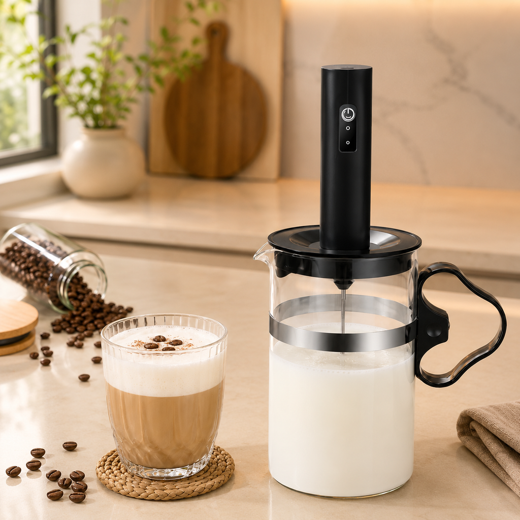 3-Speed USB-C Rechargeable Milk Frother Set with Glass Cup