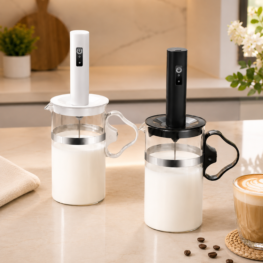 3-Speed USB-C Rechargeable Milk Frother Set with Glass Cup