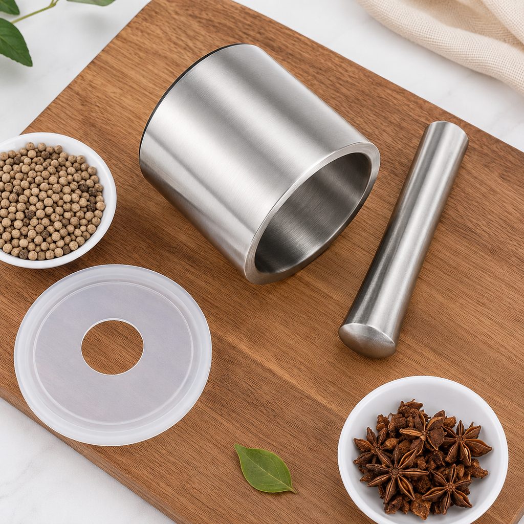 304 Stainless Steel Mortar & Pestle with Splash-Control Lid