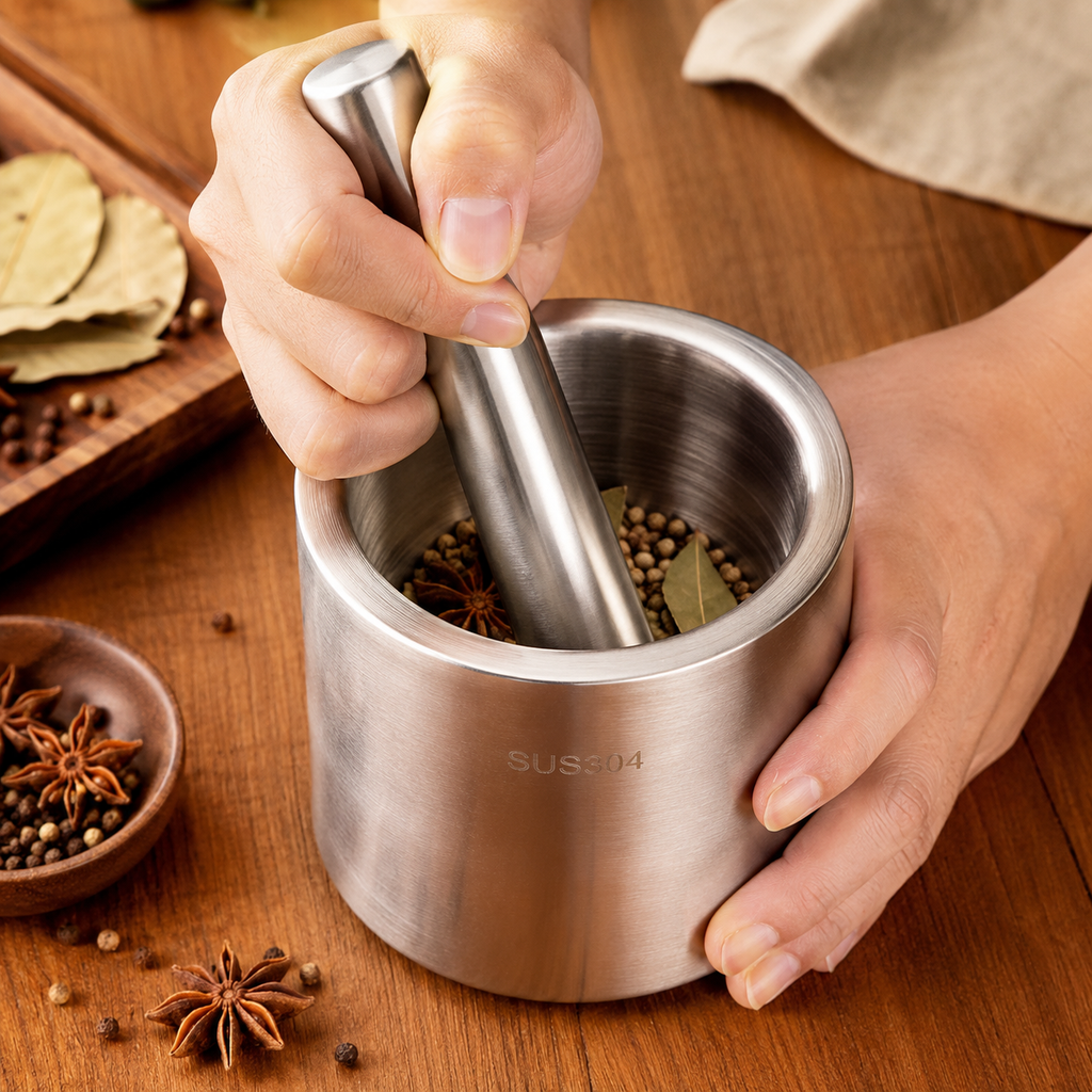 304 Stainless Steel Mortar & Pestle with Splash-Control Lid