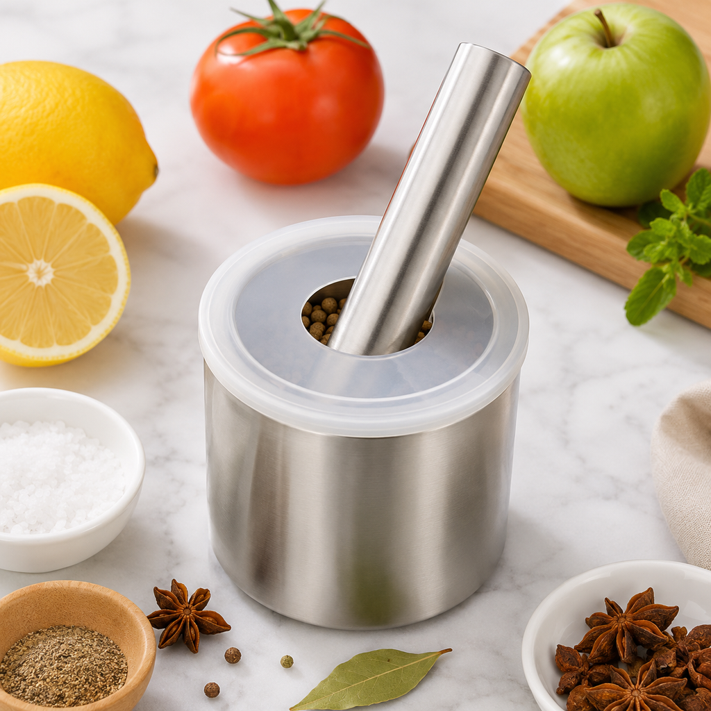 304 Stainless Steel Mortar & Pestle with Splash-Control Lid