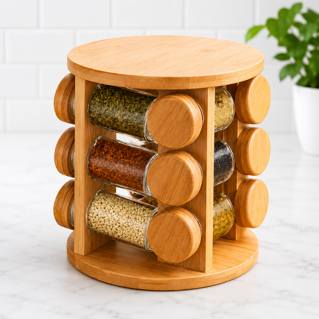 360° Rotating Bamboo Spice Rack with 12 Glass Jars