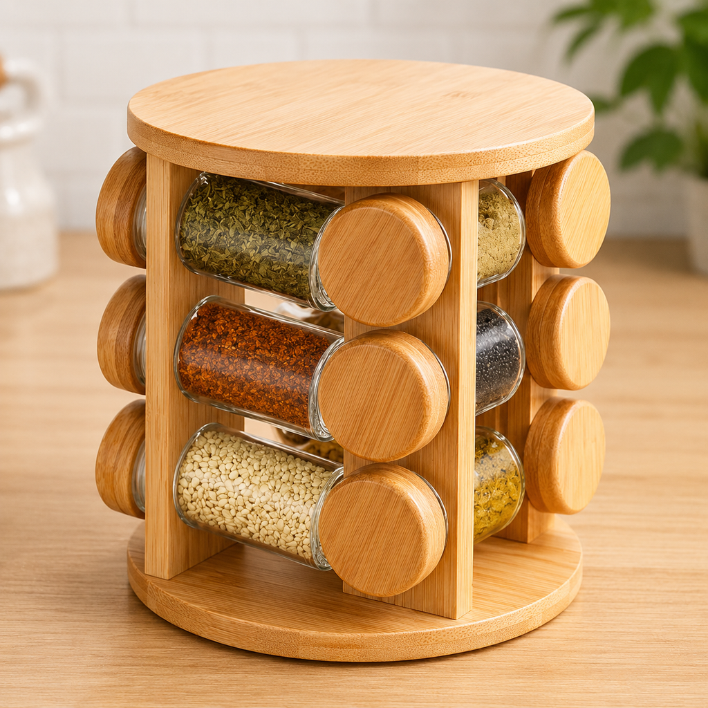360° Rotating Bamboo Spice Rack with 12 Glass Jars