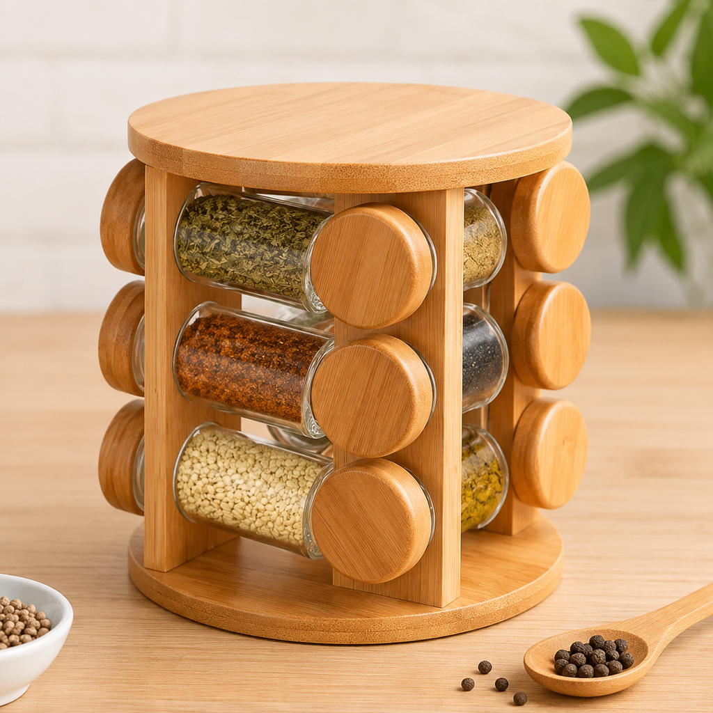 360° Rotating Bamboo Spice Rack with 12 Glass Jars