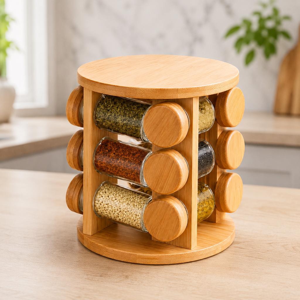 360° Rotating Bamboo Spice Rack with 12 Glass Jars
