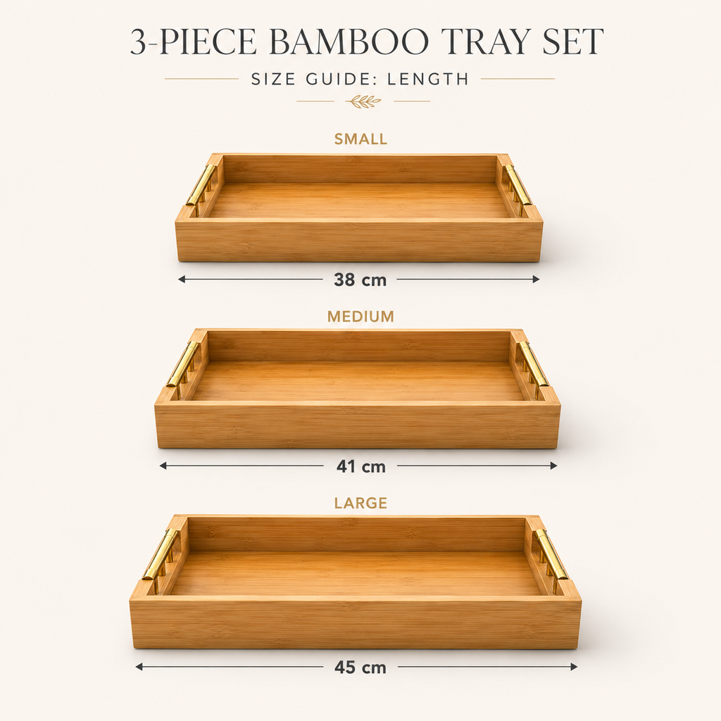 3 Piece Bamboo Serving Tray Set with Gold Handles – Rectangular Trays