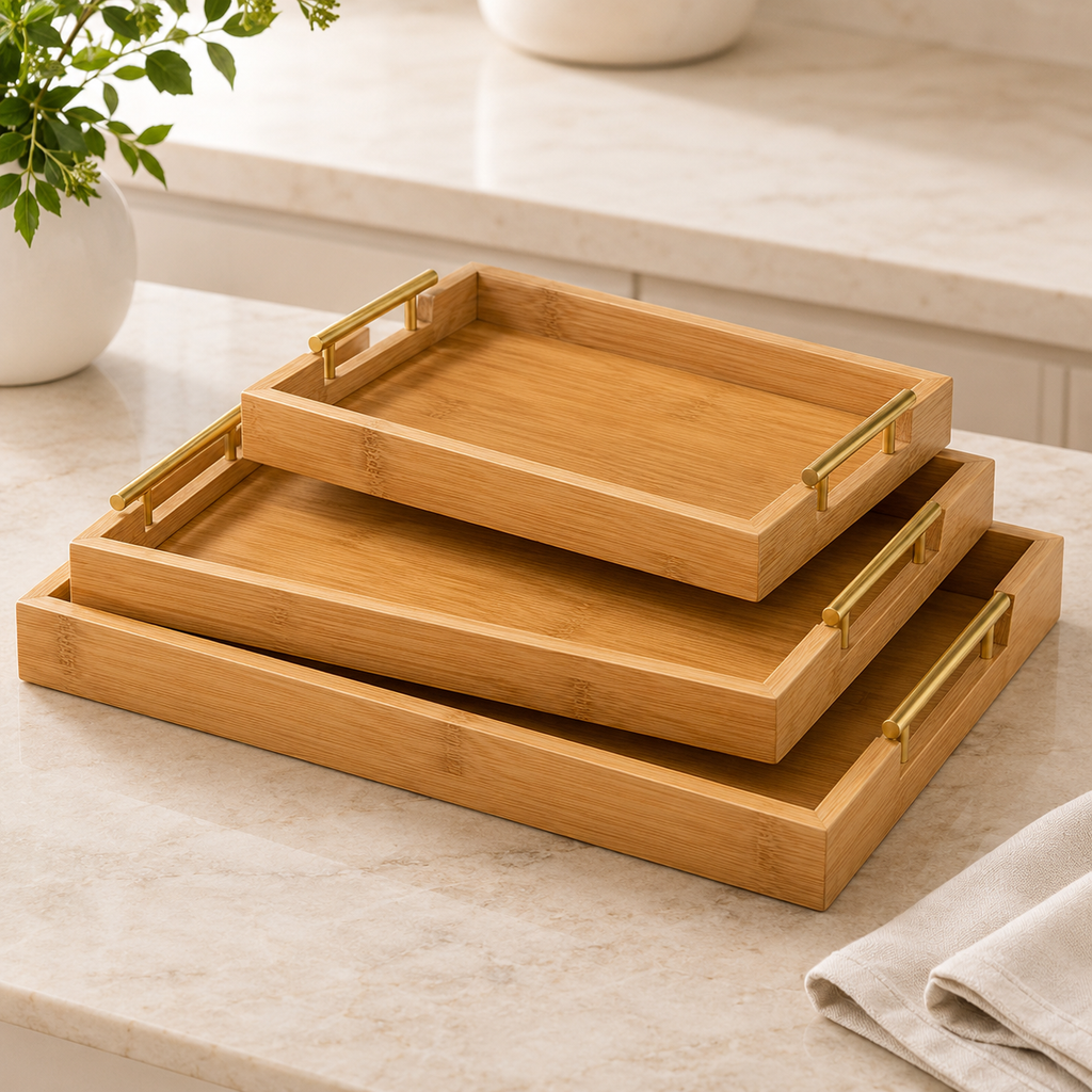 3 Piece Bamboo Serving Tray Set with Gold Handles – Rectangular Trays