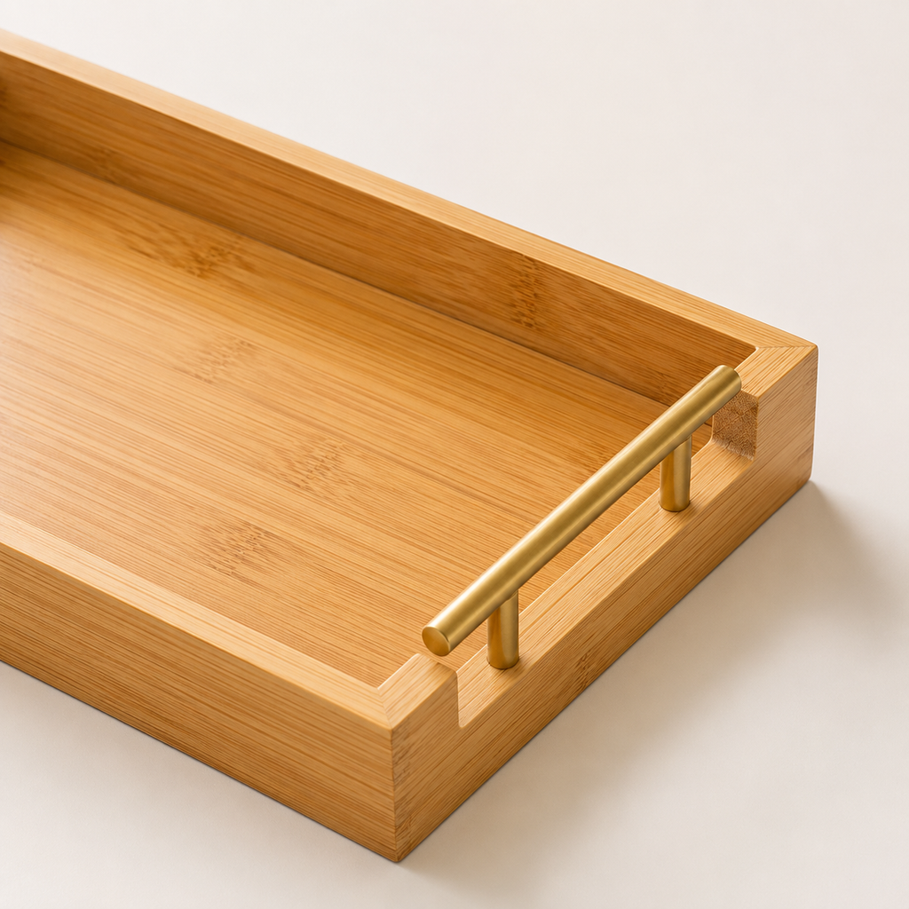3 Piece Bamboo Serving Tray Set with Gold Handles – Rectangular Trays