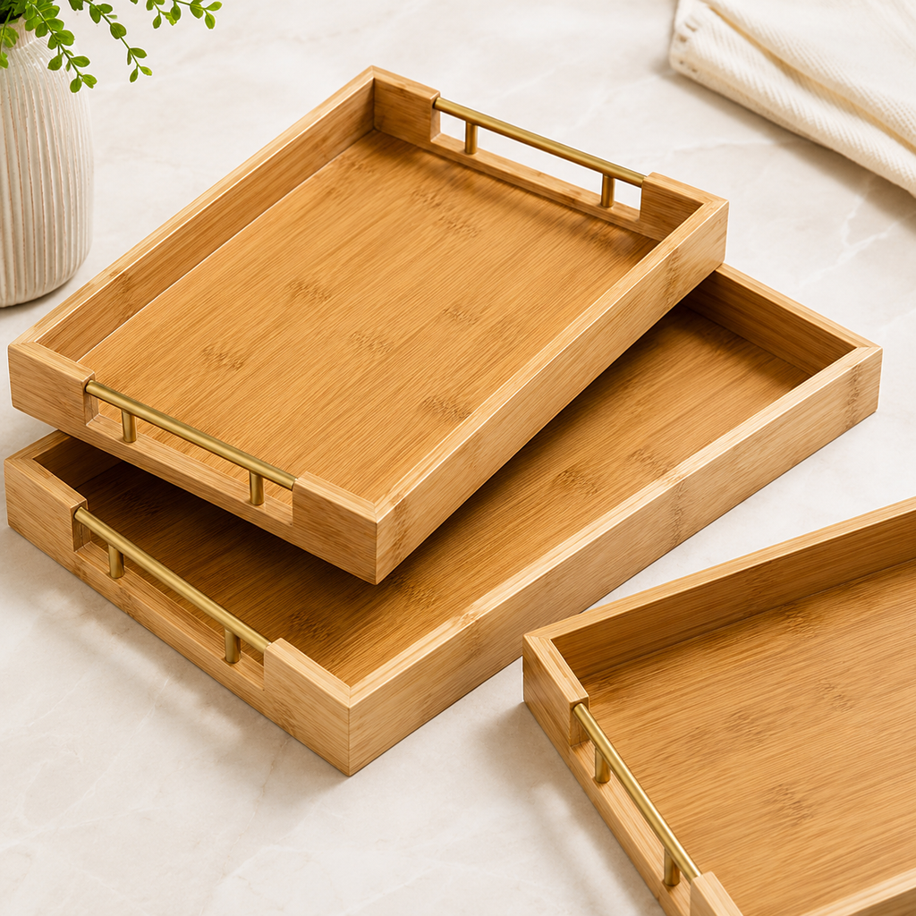 3 Piece Bamboo Serving Tray Set with Gold Handles – Rectangular Trays