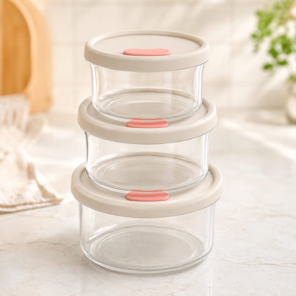 3 Piece Round Borosilicate Glass Food Container Set with Silicone Lid