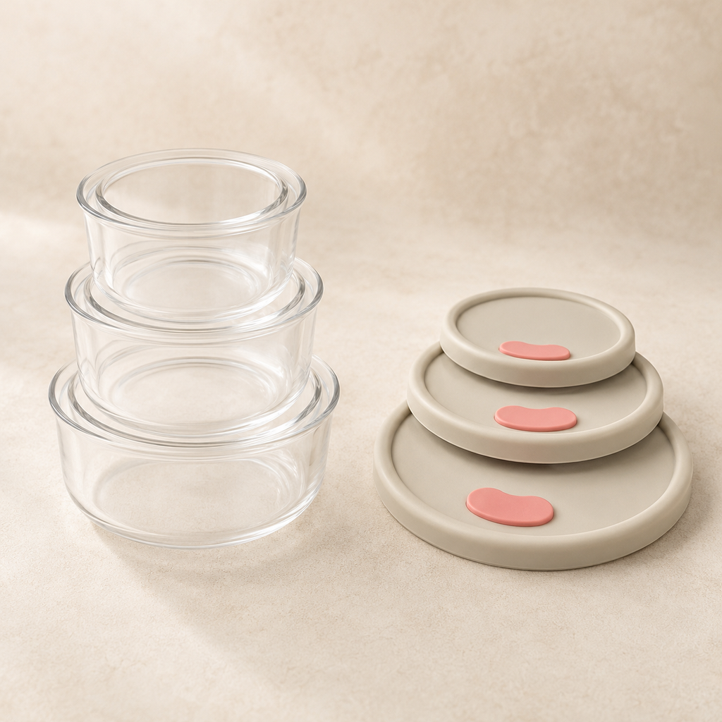 3 Piece Round Borosilicate Glass Food Container Set with Silicone Lid