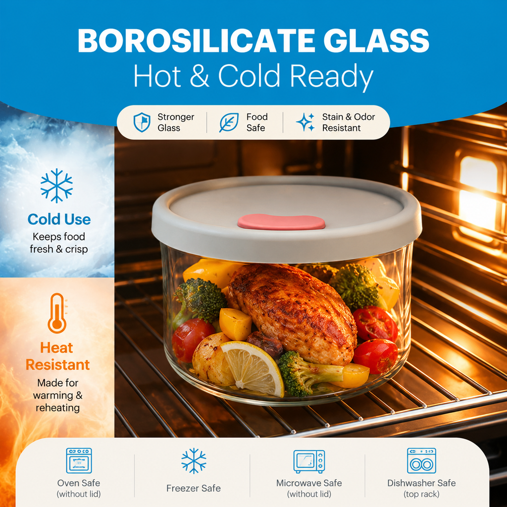 3 Piece Round Borosilicate Glass Food Container Set with Silicone Lid