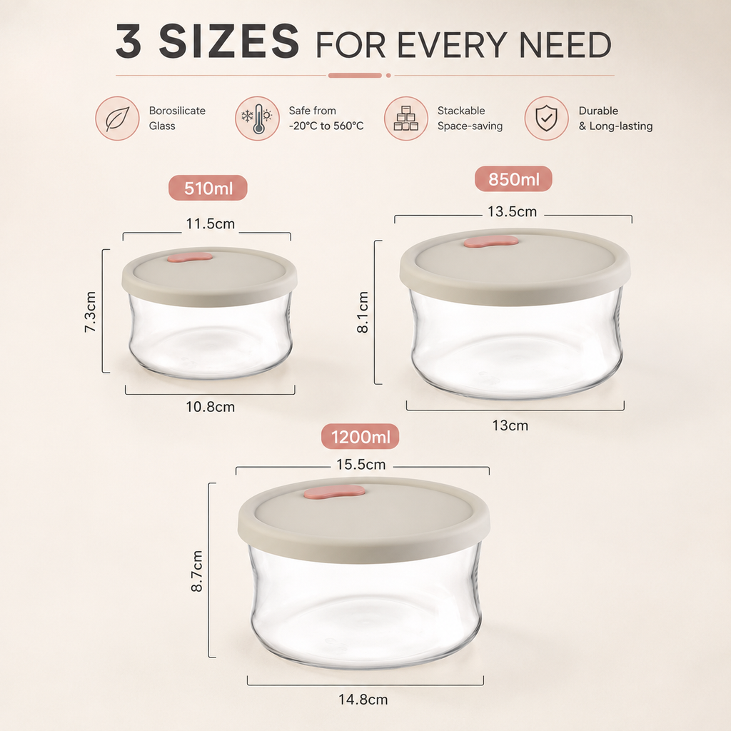 3 Piece Round Borosilicate Glass Food Container Set with Silicone Lid