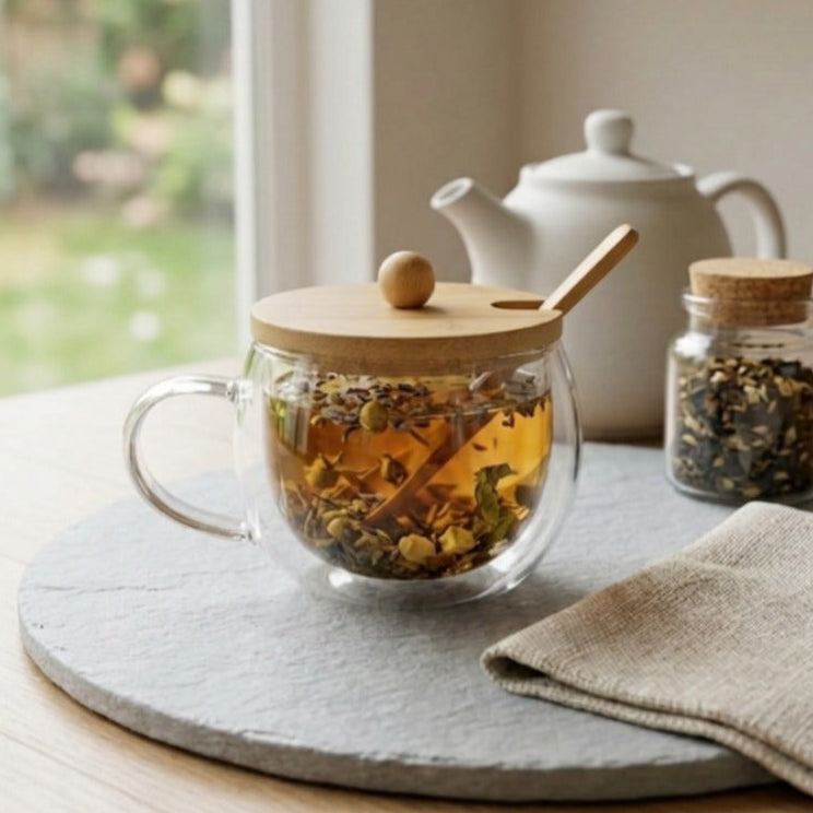 Double-Walled Glass Mug with Bamboo Lid & Spoon