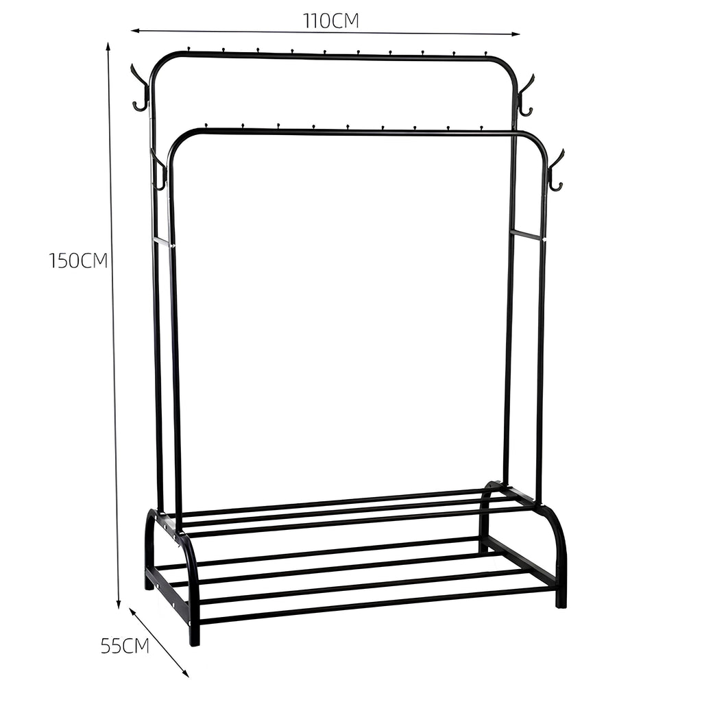 Dual Pole Metal Clothes Stand by Matrix (C) – With Side Hooks & Dual Shoe Tiers