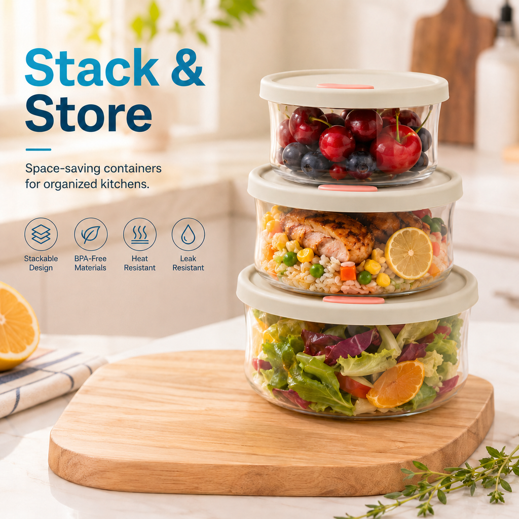 3 Piece Round Borosilicate Glass Food Container Set with Silicone Lid
