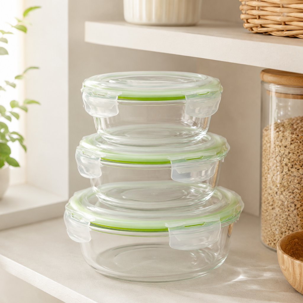 3 Piece Round Borosilicate Glass Airtight Food Container Set